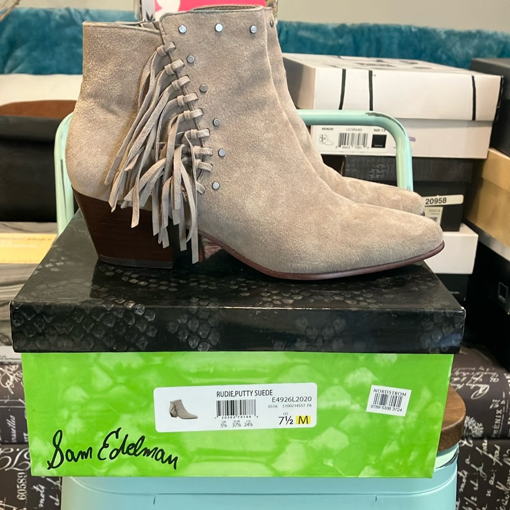 Sam Edelman 'Rudie' Studded Fringe Bootie Putty Suede Womens Size 7 1/2